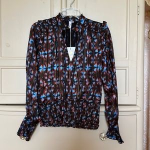 Elan Blouse Browns, Blues, Golds Elastic Waistband & Sleeve NWT MEDIUM